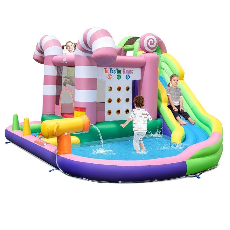 9-in-1 Inflatable Water Slide Bounce House Sweet Candy Bouncy Castle Water Park Pool with Slide, Climbing Wall & Tic-Tac-Toe for Kids Indoor Outdoor Fun