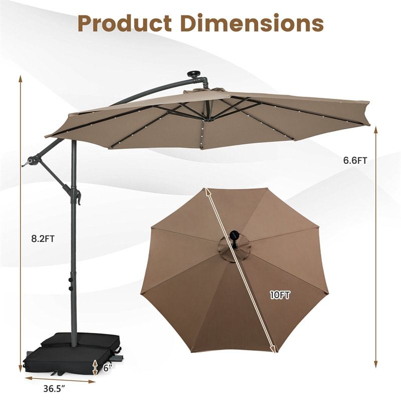 10FT Solar Offset Patio Umbrella, Hanging Cantilever Umbrella with 32 LED Lights, Adjustable Tilt, Sand Bag Base for Garden, Poolside, Yard
