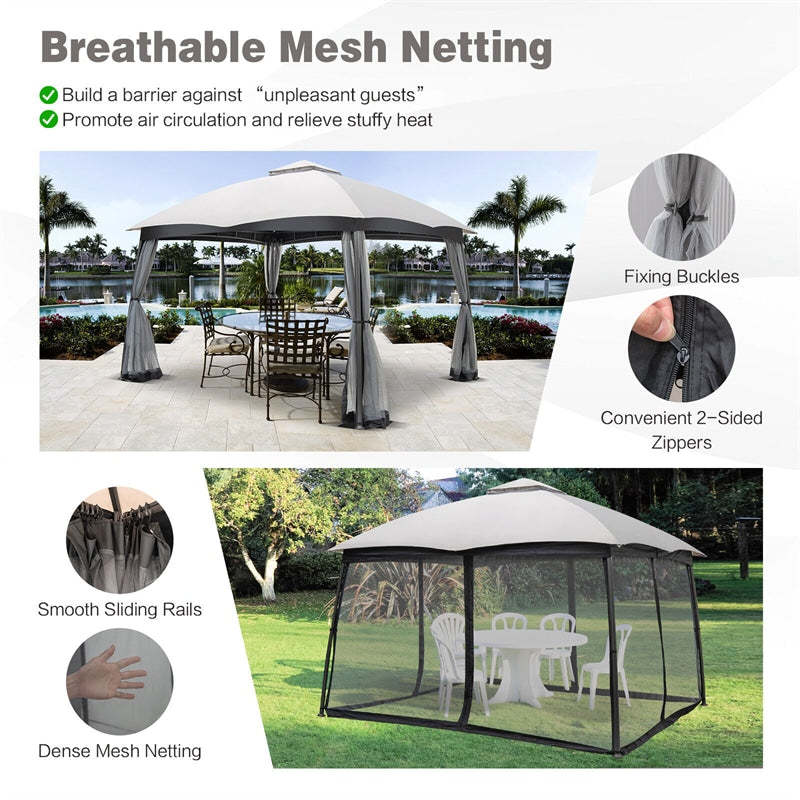 10' x 12' 2-Tier Patio Gazebo Easy-Setup Heavy-Duty Outdoor Canopy Gazebo with Netting & 4 Sandbags