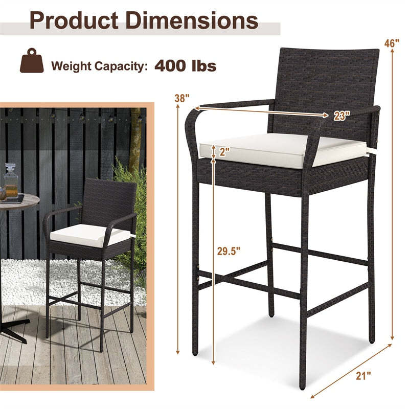 4 Pack Outdoor Wicker Bar Stools 29.5" PE Rattan Patio Bar Height Stools High Back Bar Chairs with Armrests, Cushions, Heavy Duty Metal Frame