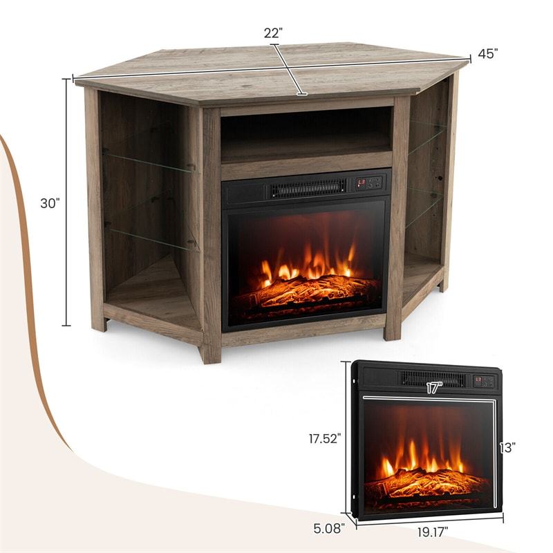 45" Corner Fireplace TV Stand for 50" TVs, Modern Fireplace Entertainment Center with 16-Color LED Lights, Smart APP Control, Adjustable Shelves