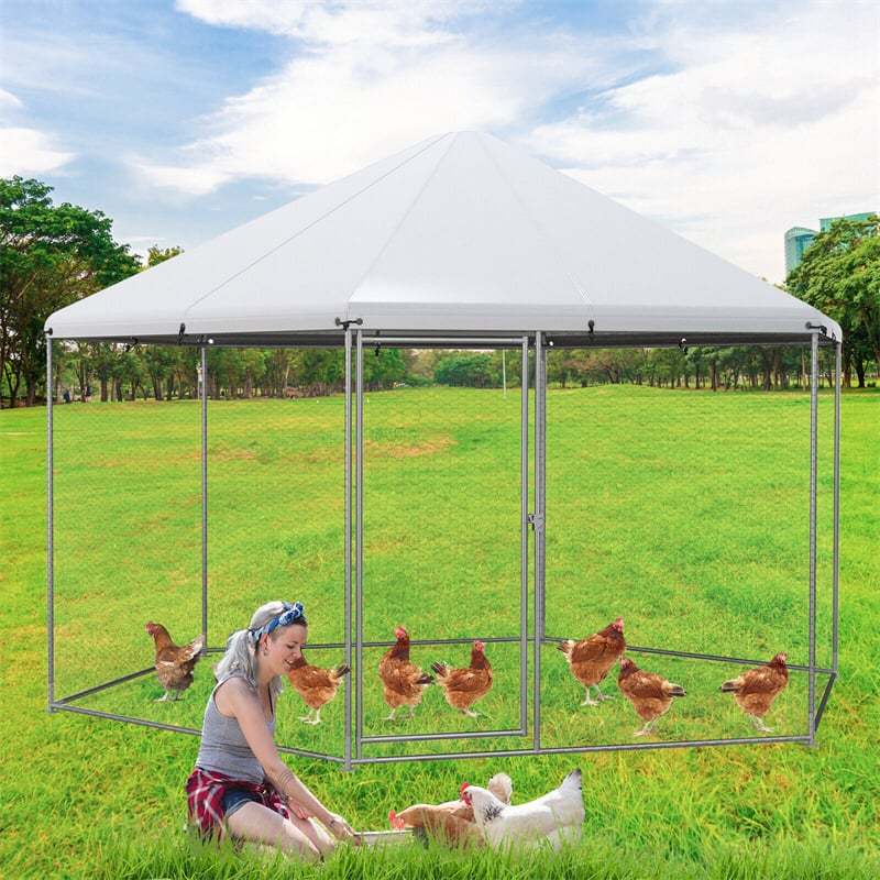 13FT Large Chicken Coop, Hexagonal Galvanized Steel Walk-in Poultry Cage Rabbit Hen Run House with Waterproof Cover for Backyard, Farm