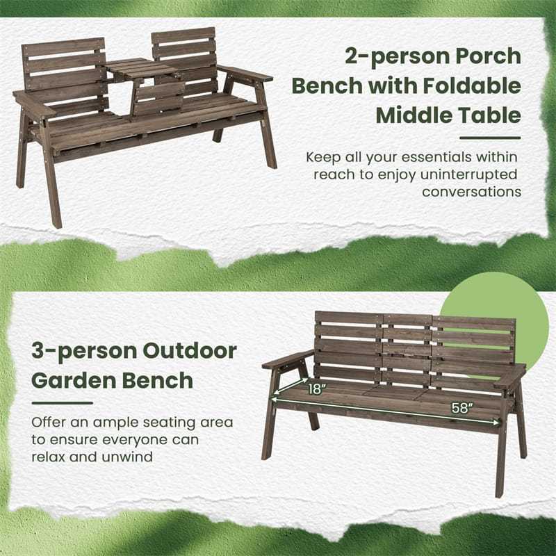 Outdoor Fir Wood Bench with Foldable Middle Table, 2-3 Person Garden Bench Slatted Seat Porch Bench w/ Backrest & Armrests, 710lbs Weight Capacity