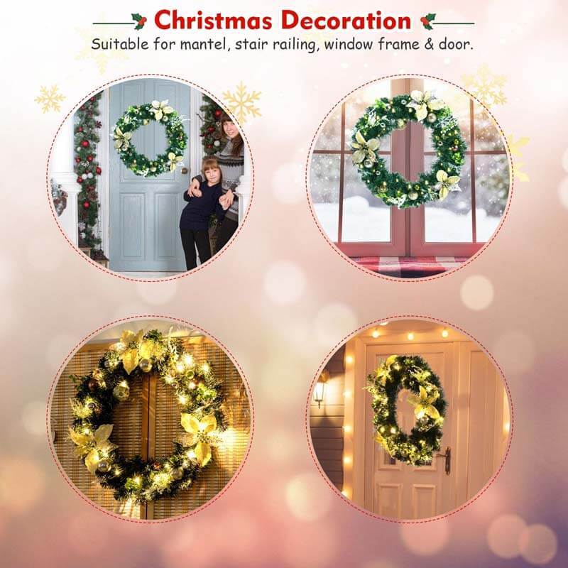 24 Inch Pre-lit Artificial Christmas Wreath with Mixed Decorations