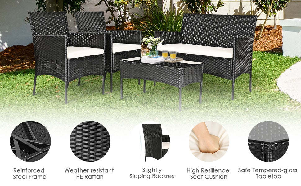 4 Pcs Wicker Patio Conversation Set with Loveseat & Tempered Glass Coffee Table