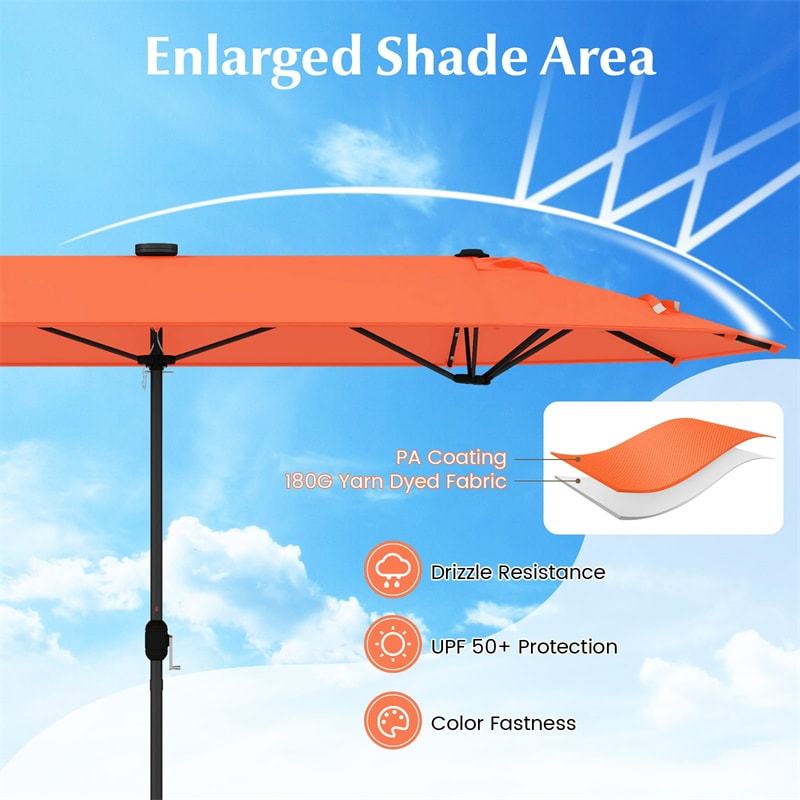 13FT Double-sided Patio Umbrella with Base, 36 Solar LED Lights & Crank Handle, Large Twin Table Umbrella for Poolside, Outdoor Dining
