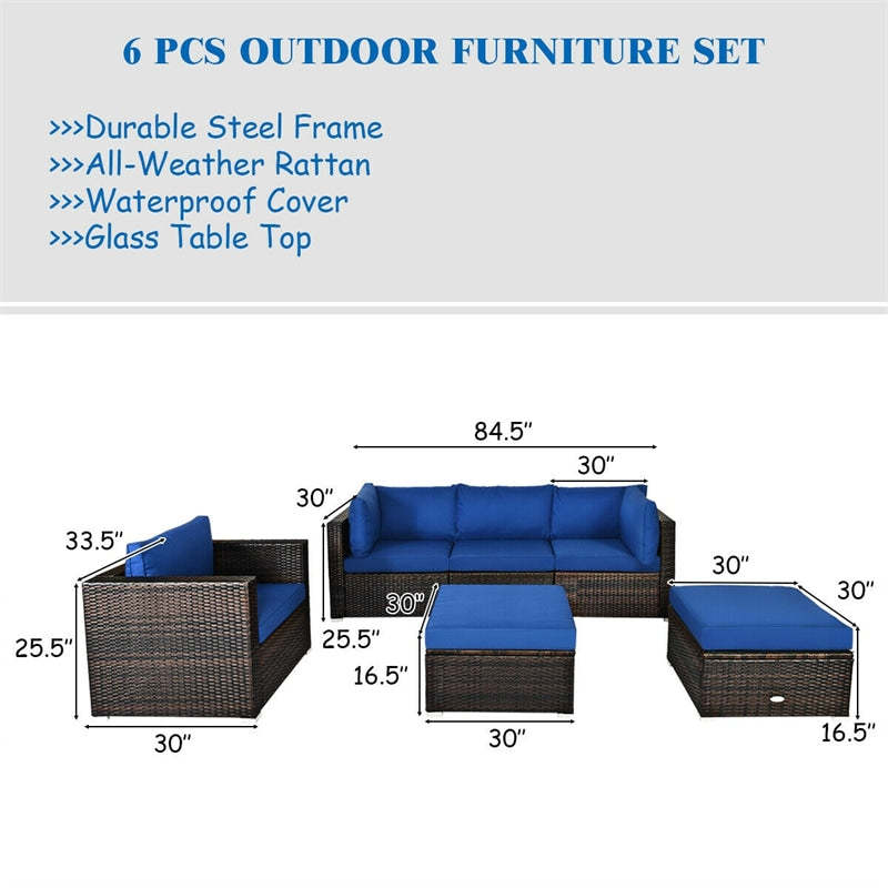 6 PCS Patio Rattan Sectional Furniture Set with Glass Coffee Table & Cushions Sofa Ottoman