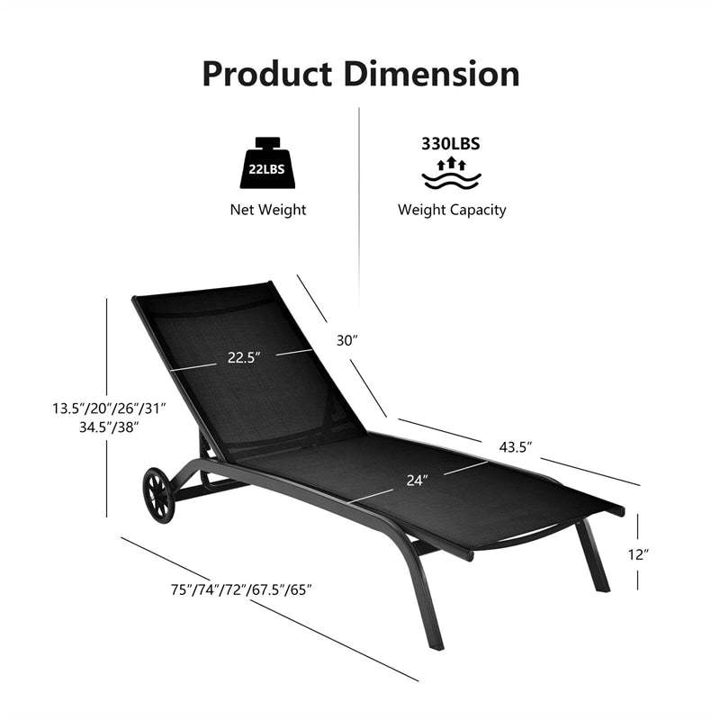 Outdoor Chaise Lounge Chair with 6-Position Adjustable Backrest & Wheels, Quick-Drying Fabric Patio Reclining Sun Lounger for Poolside, Backyard