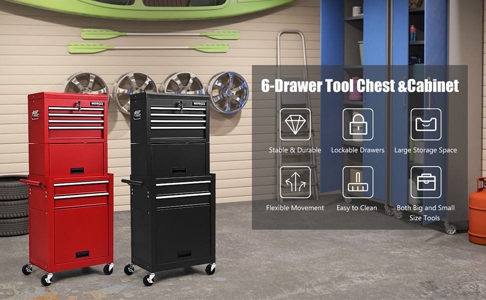 6-Drawer Rolling Tool Chest 3-in-1 Tool Storage Cabinet with Auto Locking System & Lockable Wheels