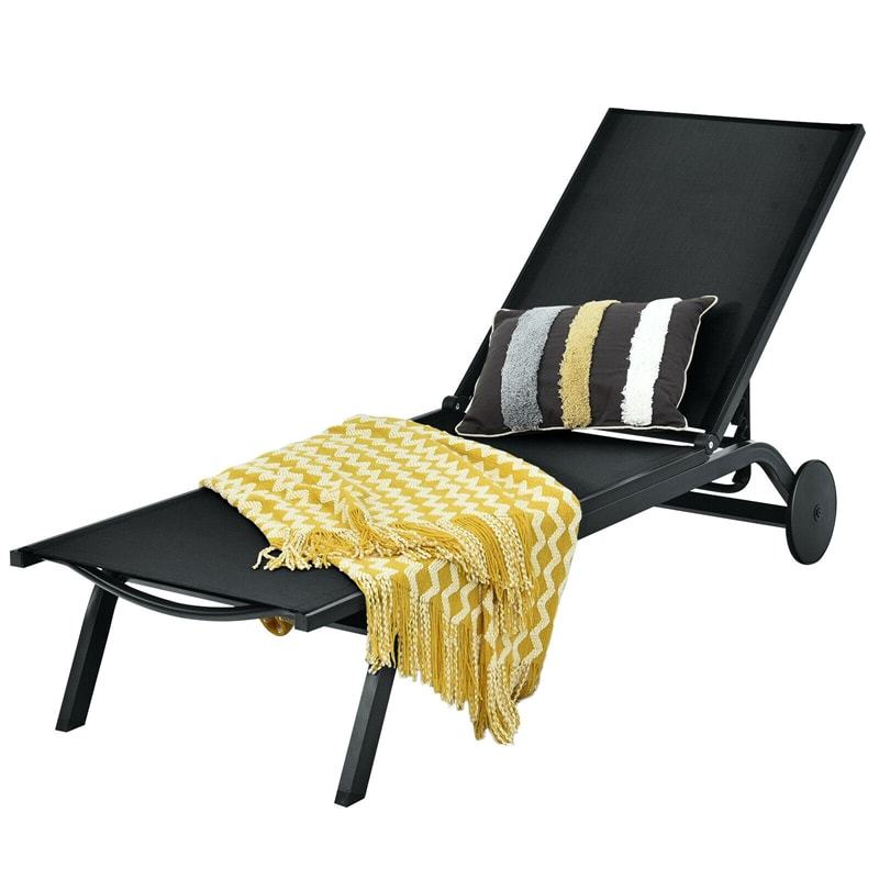 Outdoor Aluminum Chaise Lounge with 2 Large Wheels & 6-Position Adjustable Backrest, Patio Reclining Lounge Chair for Poolside, Backyard