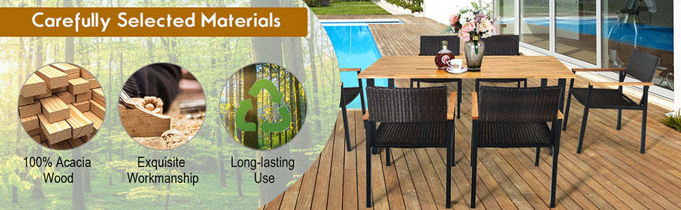 7 Pcs Rattan Patio Dining Furniture Set with Acacia Wood Table & Wicker Chairs