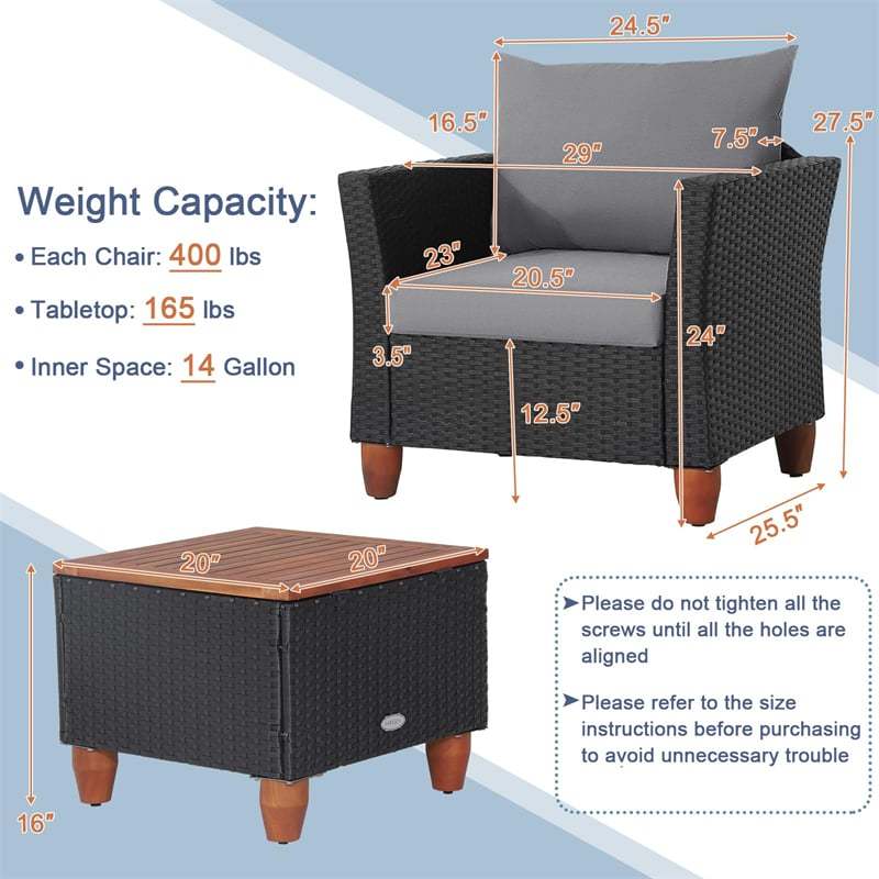 3PCS Patio Rattan Furniture Set Cushioned Sofa Chair Storage Coffee Table with Acacia Wood Top, Outdoor Wicker Conversation Set for Garden