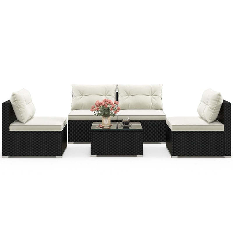 5 Piece Outdoor Wicker Furniture Set Patio PE Rattan Sofa Conversation Set Sectional Sofa with Tempered Glass Coffee Table, Back & Seat Cushions