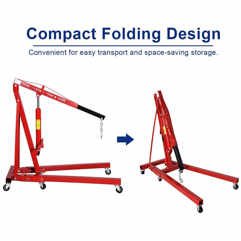 2 Ton Folding Engine Hoist, Heavy Duty Hydraulic Shop Crane with 6 Wheels, Adjustable Load Arm & 4400 LBS Capacity for Garage, Workshop