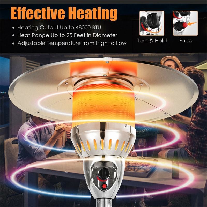 48,000 BTU Propane Patio Heater, Stainless Steel Outdoor Heater with Tip-Over & Flameout Protection, Easy Ignition Standing Heater on Wheels