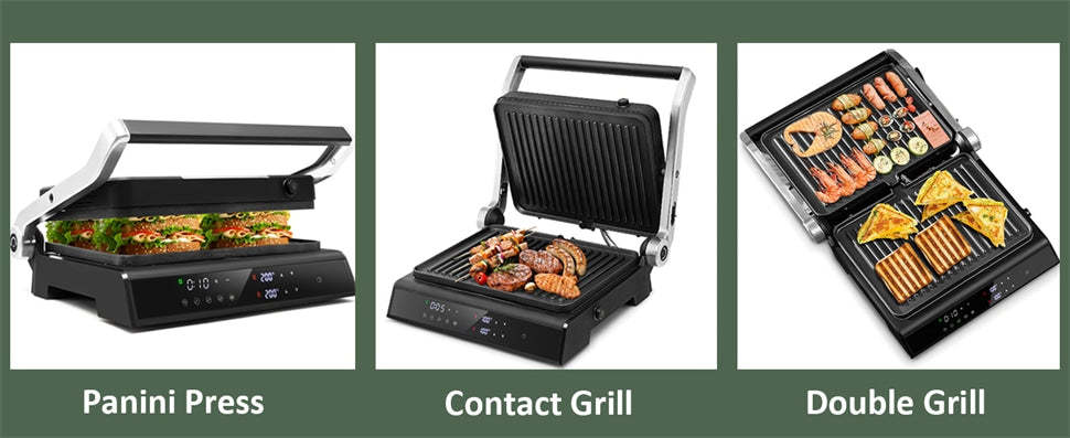 3-in-1 Electric Panini Press Sandwich Grill Maker with Non-Stick Double Sided Grill Plates & 5 Auto Cooking Mode