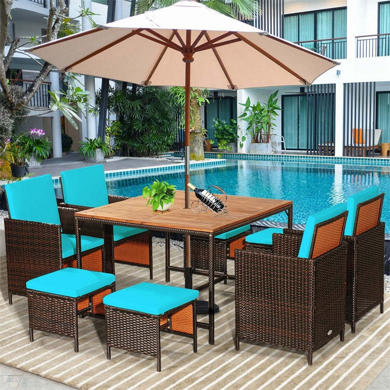 9-Piece Acacia Wood Rattan Patio Dining Set w/Cushioned Chairs, Ottomans & Umbrella Hole, Space Saving Outdoor Furniture for Backyard Garden