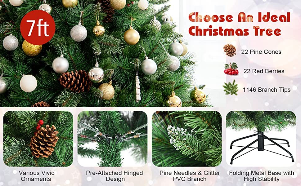 7FT Unlit PVC Artificial Christmas Tree Hinged Pine Tree with Metal Stand