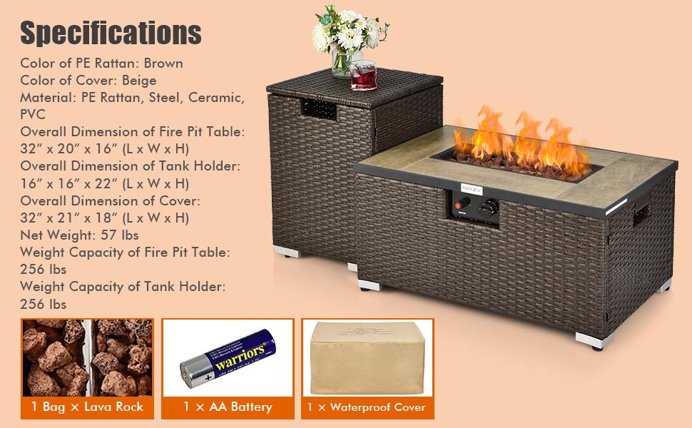 40000 BTU Outdoor Wicker Propane Fire Pit Table & Hideaway Propane Tank Holder Set with Waterproof Cover & Lava Rocks