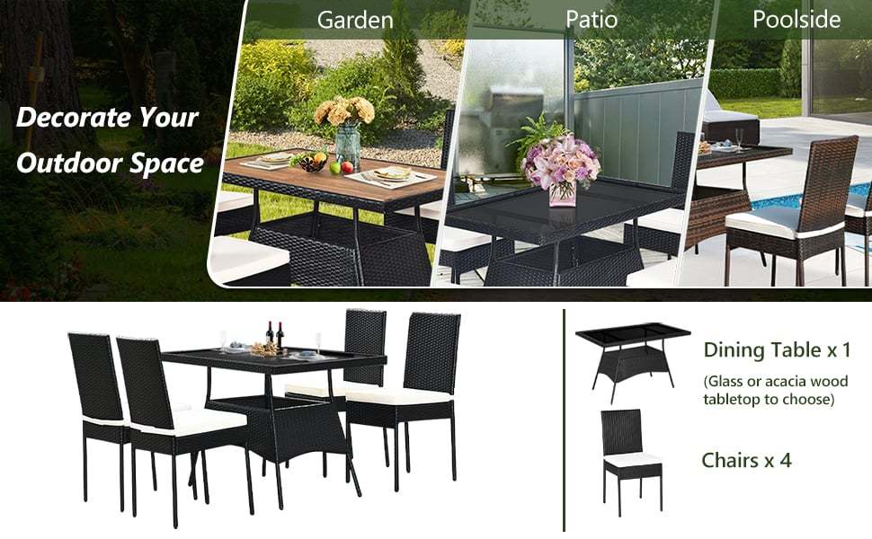 5 Pcs Wicker Patio Dining Set with Acacia Wood Table & Outdoor Rattan Chairs