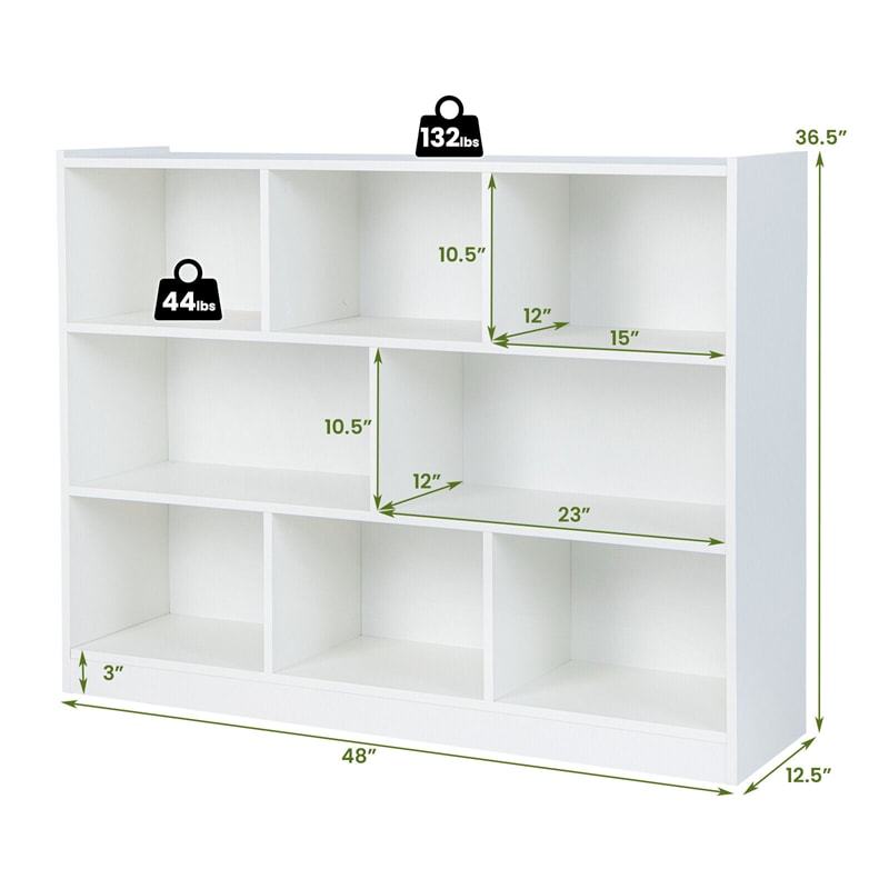 Wood 8-Cube Open Bookcase 3-Tier Storage Bookshelf Modern Multipurpose Display Organizer Cabinet for Kids Playroom, Living Room, Study