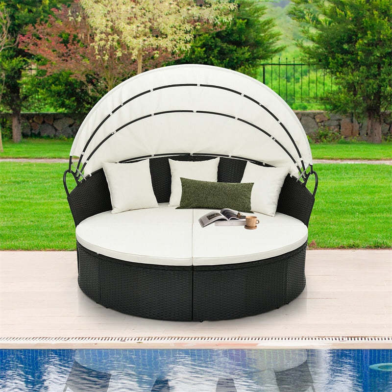 Outdoor Round Daybed with Retractable Canopy, Rattan Wicker Patio Furniture Clamshell Sectional Seating with Cushions & Pillows for Backyard