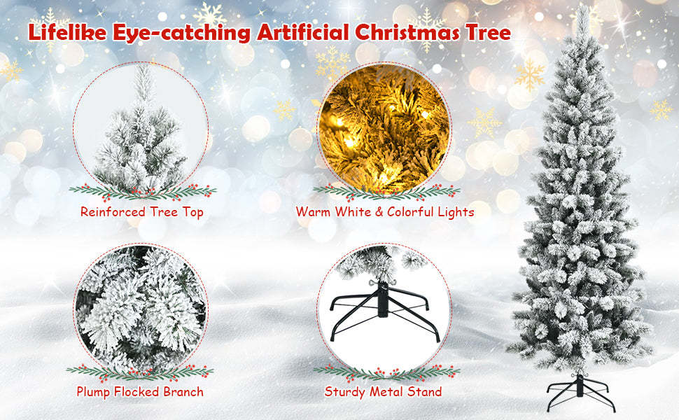 6ft Pre-lit Snow Flocked Christmas Tree with LED Lights and Remote Controller