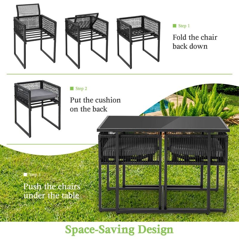3 Piece Outdoor Dining Set Black Space Saving PE Rattan Chair Table Set with Folding Backrest & Seat Cushions