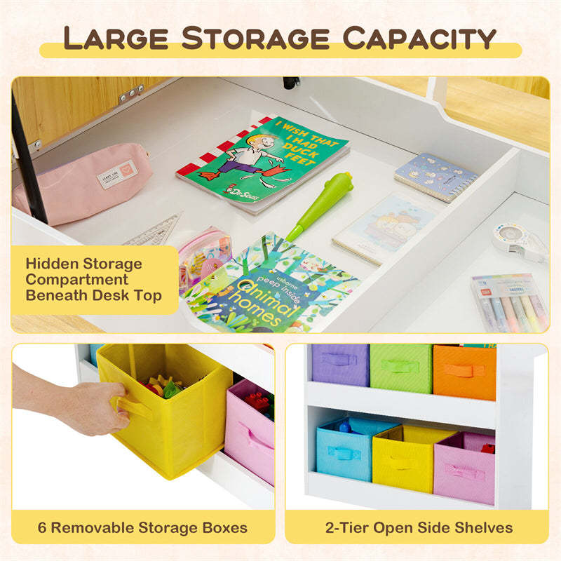 3-in-1 Kids Table & Chair Set, Wood Art Table & Easel with 2 Chairs, 6 Storage Bins, Paper Roller & Paint Cups, Toddler Crafts Table Chair Set
