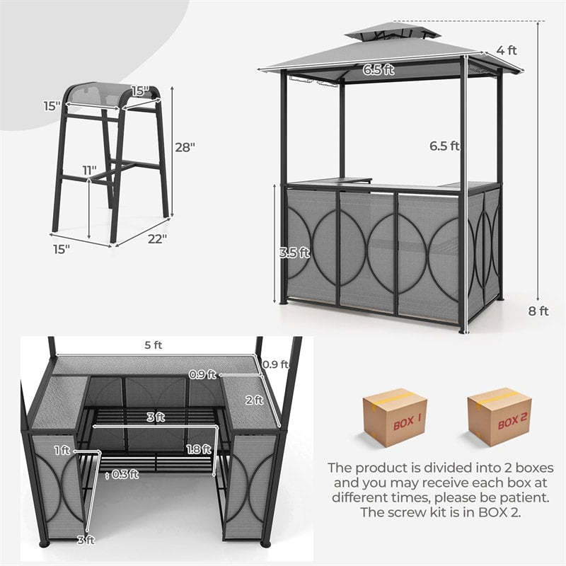 3PCS Patio Bar Set 2-Tier Vented Top Grill Gazebo & 2 Bar Stools Set with Tempered Glass Bar Table, Metal Storage Shelves & Glass Holders