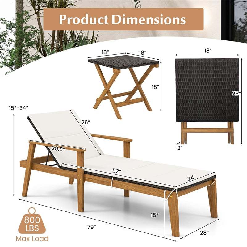 3PCS Outdoor Chaise Lounge Set with Rattan Folding Table, Acacia Wood Frame Patio Lounge Chairs w/ Adjustable Backrests, Armrests, Cushions