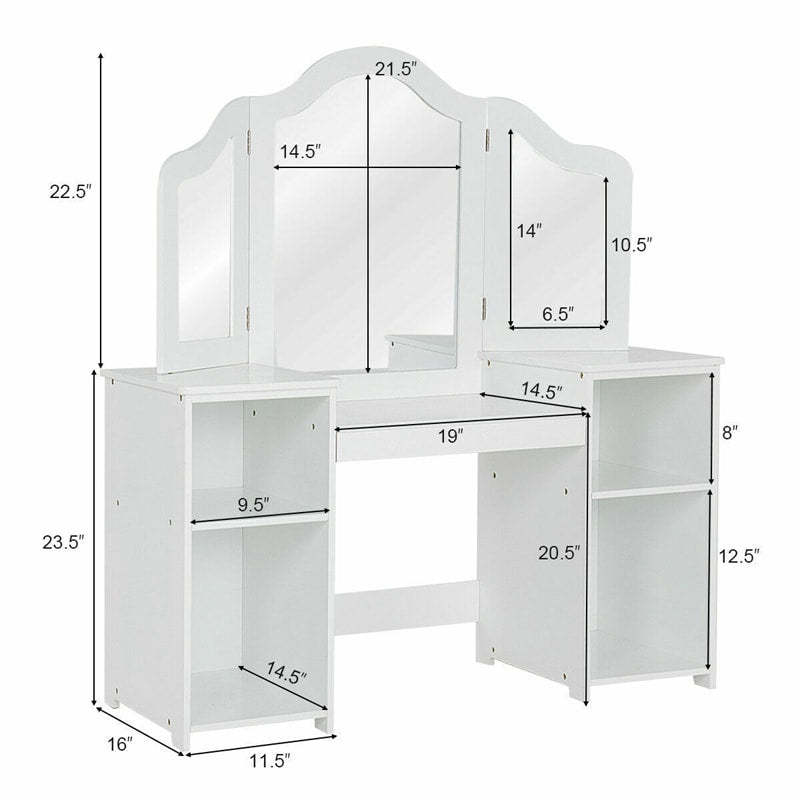 Kids Makeup Vanity Table, 2-in-1 Princess Dressing Table with Tri-folding Detachable Mirror & Storage Shelves, Pretend Play Girls Study Desk