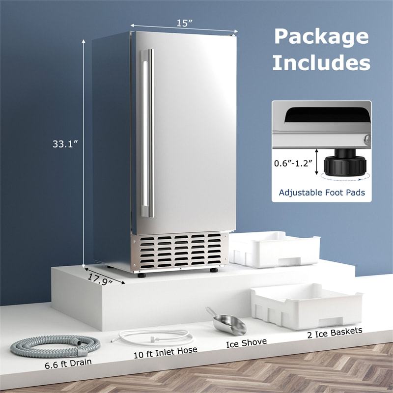 Under Counter Nugget Ice Maker, 80lbs/Day Freestanding Built-in Stainless Steel Ice Machine, Self-Cleaning, LCD Control, 24H Timer for Home Commercial