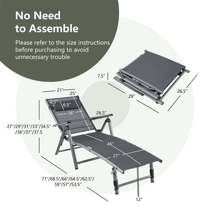 2PCS Aluminum Folding Chaise Lounge with Headrest Pillow, 8-Position Backrest & 2-Leg Adjustment, Reclining Lounge Chair for Poolside, Backyard, Beach