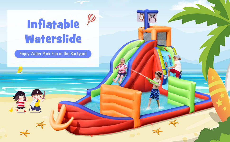 6-in-1 Pirate Ship Giant Water Park Kids Inflatable Water Slide Water Guns without Blower
