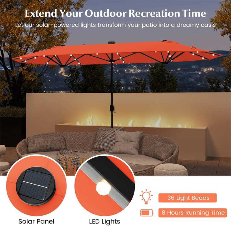 13FT Double-sided Patio Umbrella with Base, 36 Solar LED Lights & Crank Handle, Large Twin Table Umbrella for Poolside, Outdoor Dining