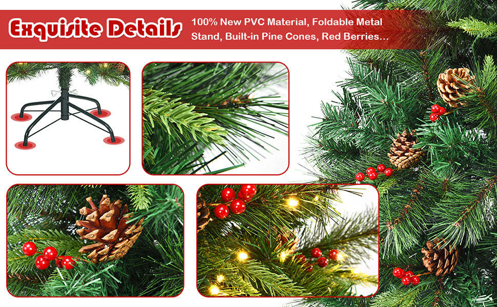 7FT Pre-lit Artificial Hinged Christmas Tree with 350 LED Lights Metal Stand