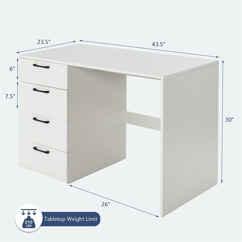 White Computer Desk 43.5" Writing Desk with 4 Large Storage Drawers, Modern Home Office Desk Executive Desk Wood Vanity Table