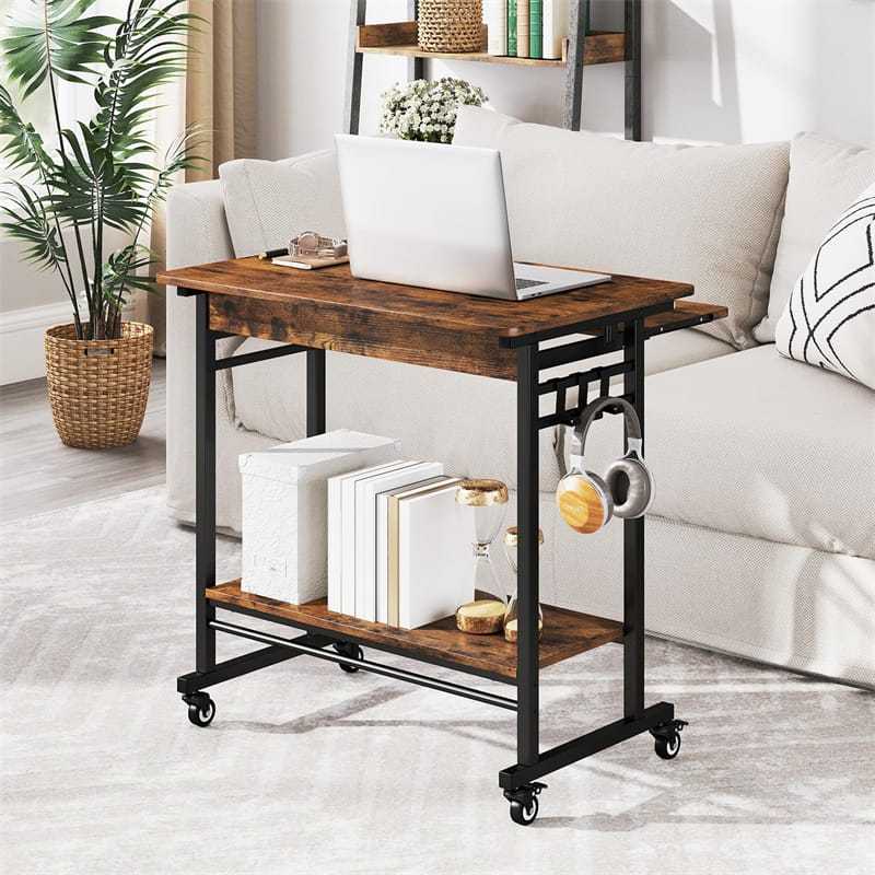 Rolling Computer Desk Cart, Mobile Laptop Desk with Keyboard Tray & CPU Stand, Industrial Small Desk on Wheels for Small Spaces, Home Office, Bedroom