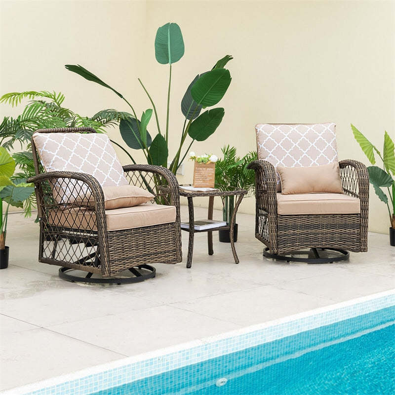 3-Piece Wicker Swivel Rocker Set, Outdoor Rocking Chairs with Cushions & Tempered Glass Table, Rattan Patio Bistro Set for Backyard, Balcony, Porch