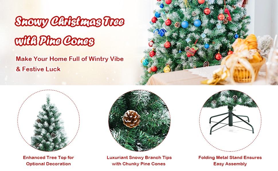 6ft Unlit Artificial Snow Flocked Christmas Tree with Pine Cones and Metal Stand