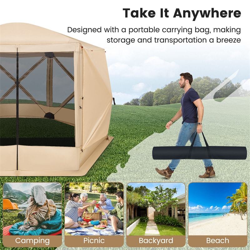11.5' x 11.5' Pop Up Screen House Tent Portable 6-Sided Camping Gazebo Tent Outdoor Instant Canopy Shelter with Mesh Netting 2 Wind Panels & Carry Bag