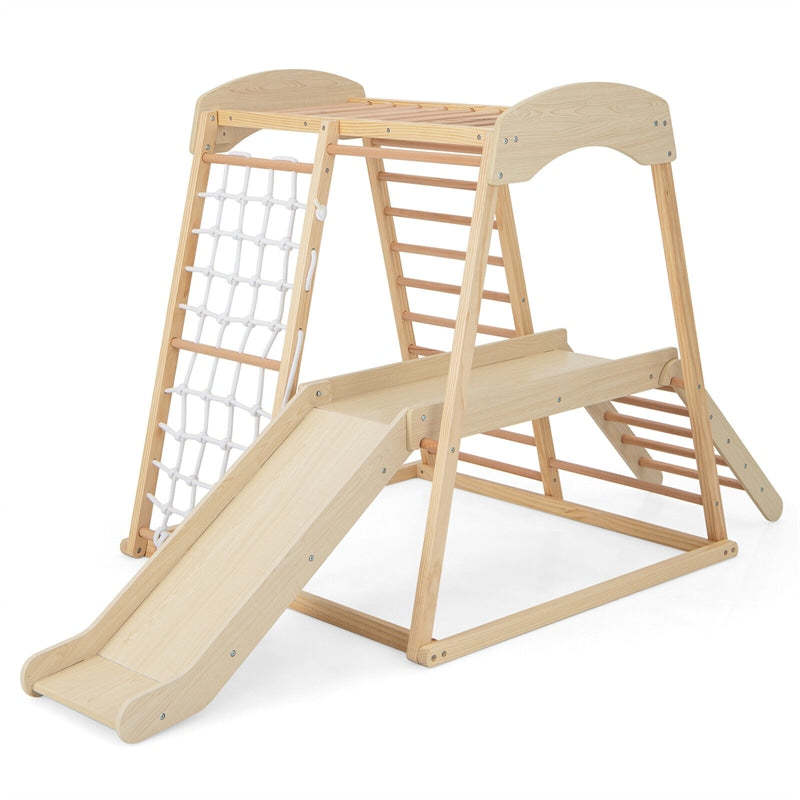 6-in-1 Indoor Jungle Gym Large Wooden Playground Climber Playset Montessori Climbing Toys with Slide, Ladders & Wating Area for Toddlers Kids