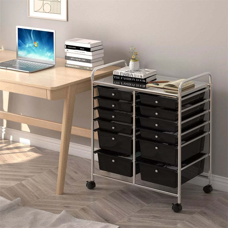 12-Drawer Rolling Storage Cart, Multipurpose Organizer Cart with Lockable Casters, Mobile Utility Cart for School Office Beauty Salon
