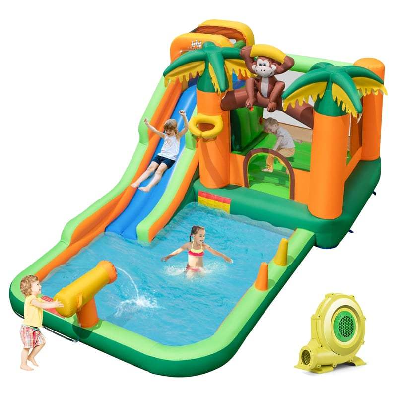 Inflatable Water Slide, 7-in-1 Jungle Monkey Theme Bounce House Water Park with 680W Blower, Long Slide & Splash Pool for Big Kids Backyard Party Fun