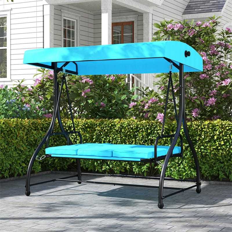 2-in-1 Convertible Patio Swing with Adjustable Canopy & Removable Cushions, Steel Frame 3-Person Outdoor Swing Bed for Deck/Backyard/Garden