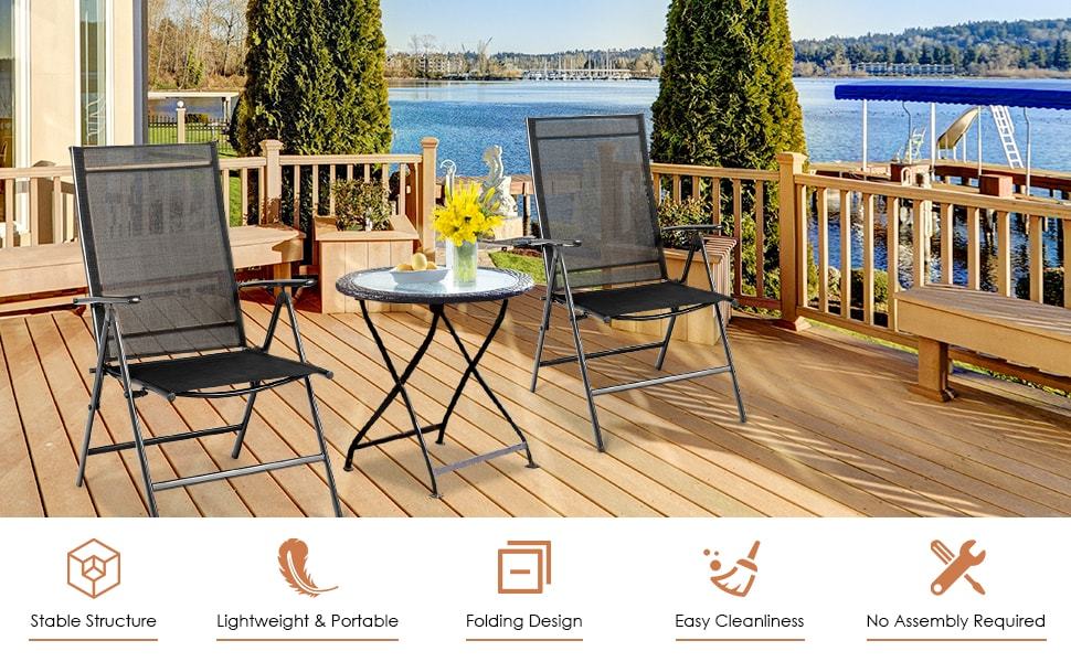 Set of 2 Patio Folding Dining Chair Adjustable Reclining Camping Chair Portable Outdoor Chair