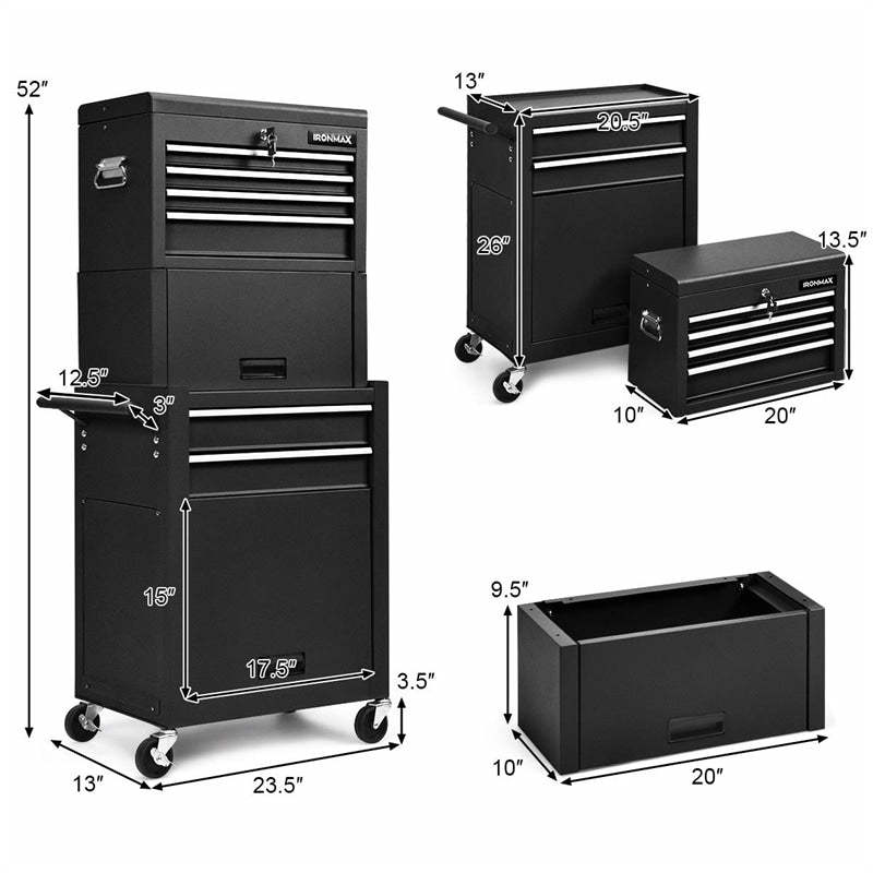 6-Drawer Rolling Tool Chest, 3-in-1 Tool Storage Cabinet with Auto-Lock System, Lockable Wheels & Detachable Top Box for Garage/Workshop
