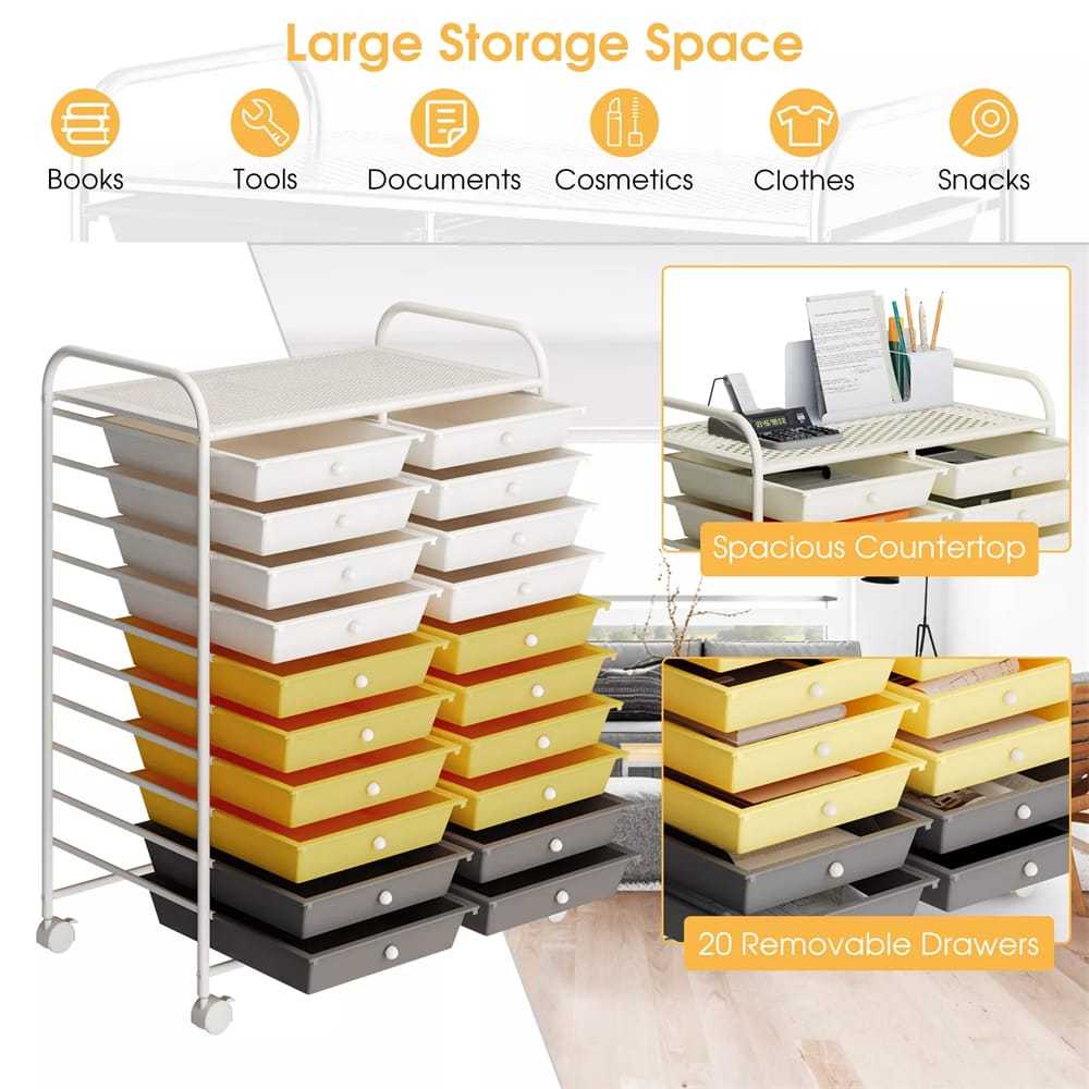 Storage Drawer Cart, 20-Drawer Rolling Cart Organizer with Lockable Wheels, Mobile Utility Cart for Office School Art Craft Supplies
