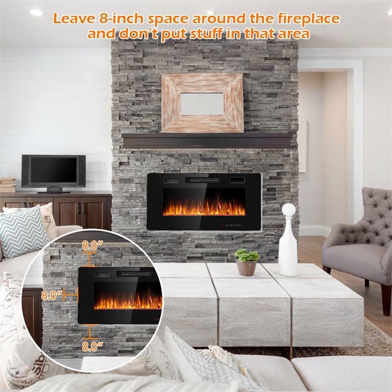 36" Recessed Electric Fireplace, Ultra-Thin Wall-Mounted Heater Insert with Adjustable Flame Color, Remote Control, Touch Screen, 8H Timer, 750W/1500W